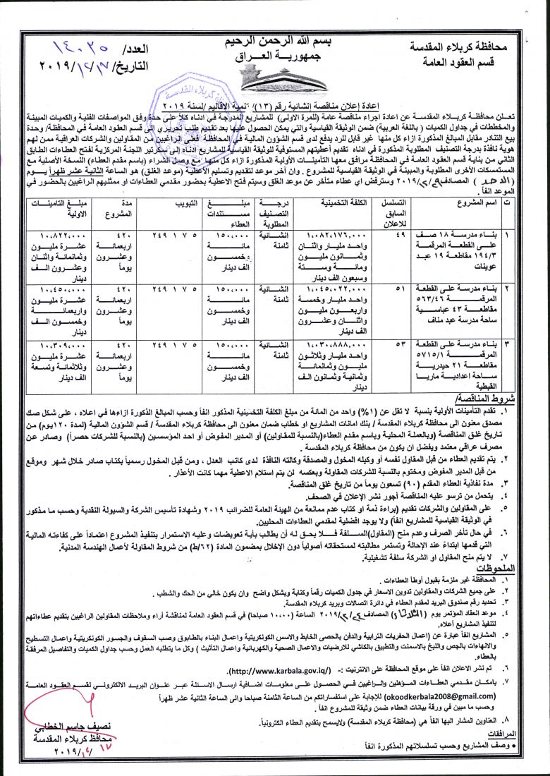 اعادة إعلان مناقصة إنشائية رقم (13)/ تنمية الاقاليم /لسنة 2019