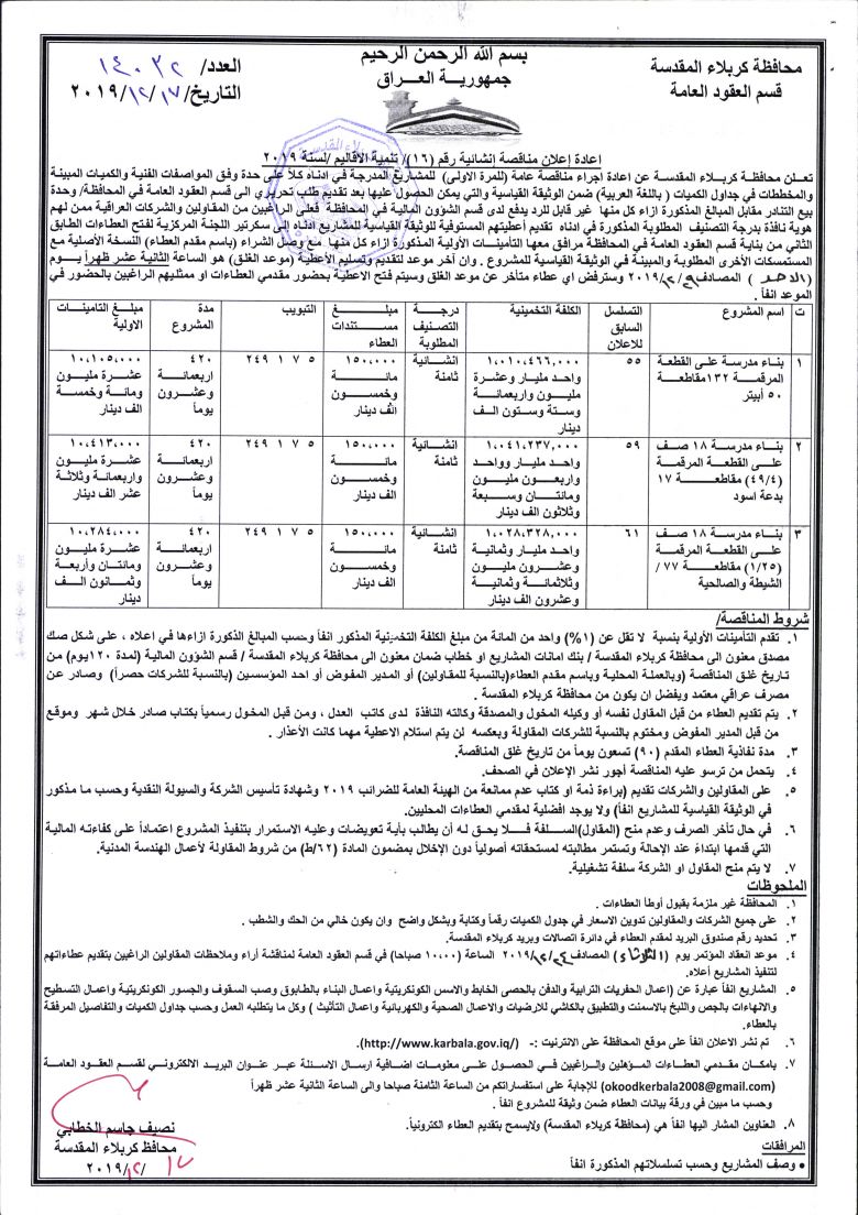 اعادة إعلان مناقصة إنشائية رقم (16)/ تنمية الاقاليم /لسنة 2019